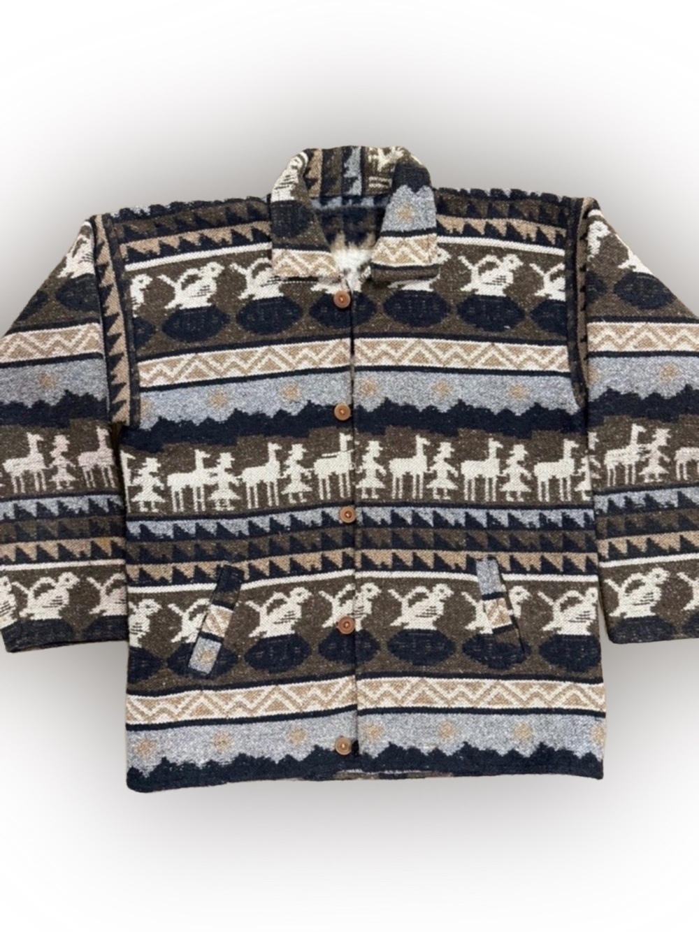 Vintage Alpaca Blanket‎ Jacket Peru Bolivia Folk Llama Motif Wool Coat Men’s L